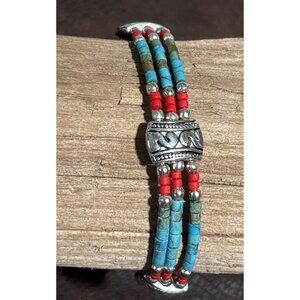 Turquoise & Coral Beaded Bracelet With Silver-Tone Accents Lobster Clasp Adjust